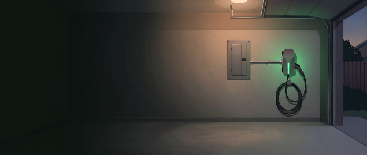 Illustration of a home garage with a wall-mounted Level 2 EV charger beside the electrical panel